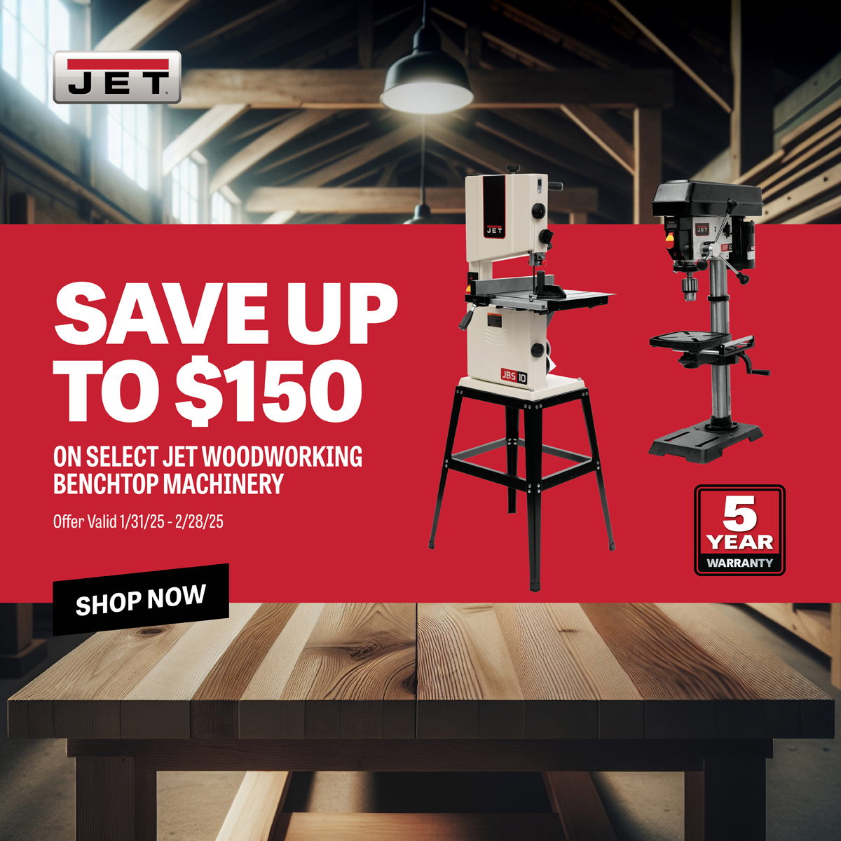 Toolstoday's tweet image. 🔥 Save up to $150 on Jet Woodworking Machines! 🔥

Upgrade your shop with precision, till Feb 28, up to $150 off select Jet benchtop machines at Toolstoday!

💪 Performance | 5-Year Warranty | 🛠 All skill levels

🛍️ 👉 bit.ly/3US8Vou

#JETTools #Woodworking #PowerTools