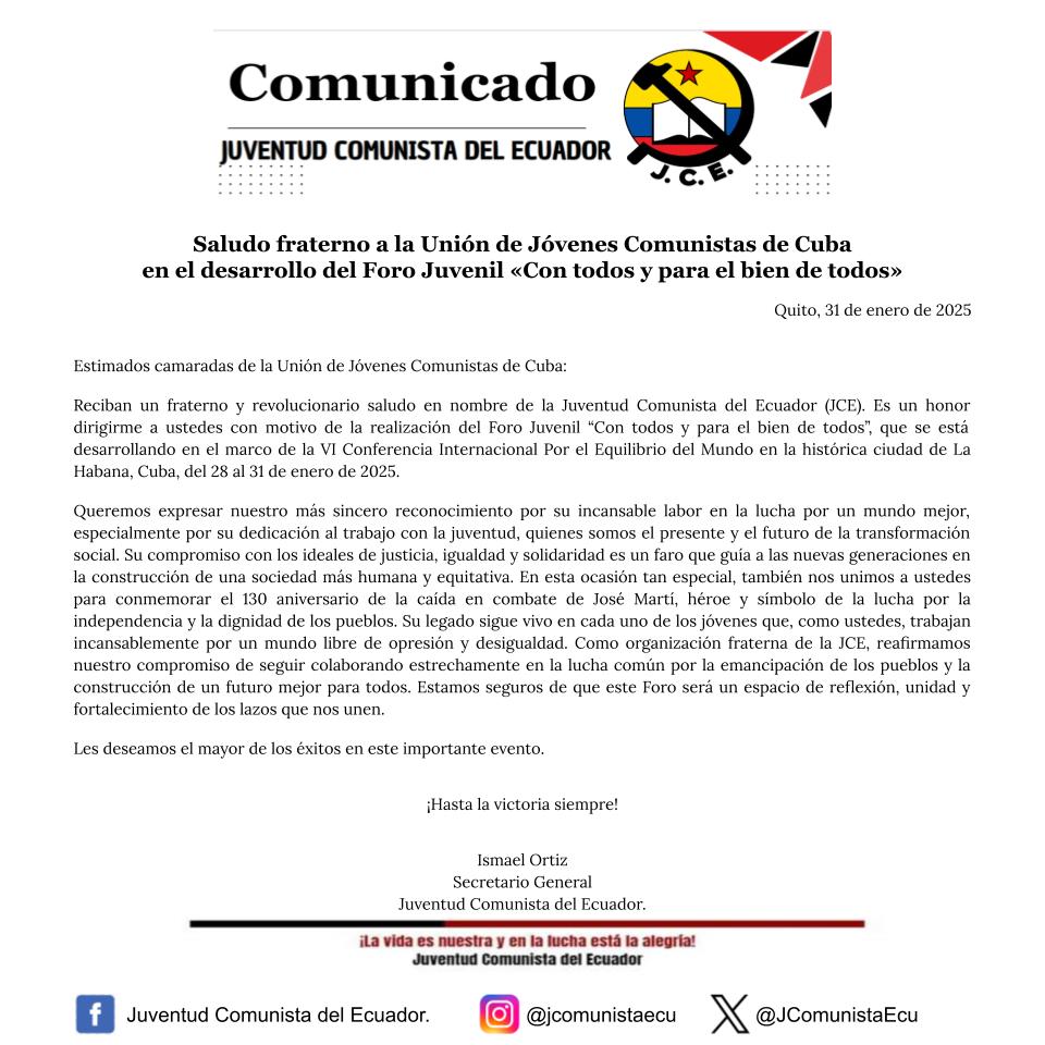 JCE_Nacional's tweet photo. Nuestro saludo a los camaradas de la @UJCdeCuba que se encuentran liderando el Foro Juvenil «Con todos y para el bien de todos», que se desarrolla en el marco de la VI Conferencia Internacional Por el Equilibrio del Mundo en la histórica ciudad de #LaHabana.
¡Adelante, camaradas! https://t.co/DJsx6r51Qs
