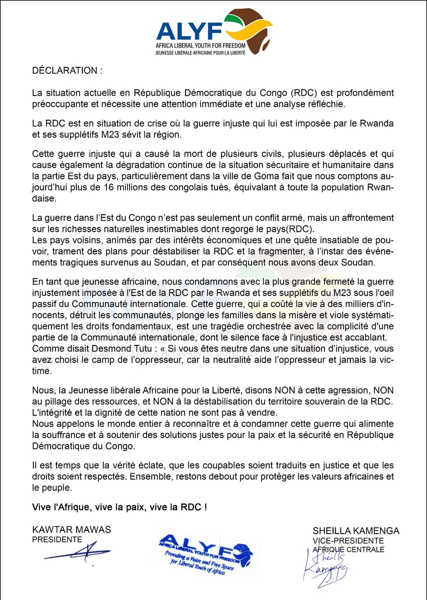La Jeunesse Libérale Africaine pr la Liberté (ALYF) exprime sa profonde préoccupation face à la détérioration continue d la situation sécuritaire &amp; humanitaire en RDC. L’Est du pays est le théâtr d’1 conflit meurtrier kins prive de paix, de stabilité et d perspectives d’avenir.