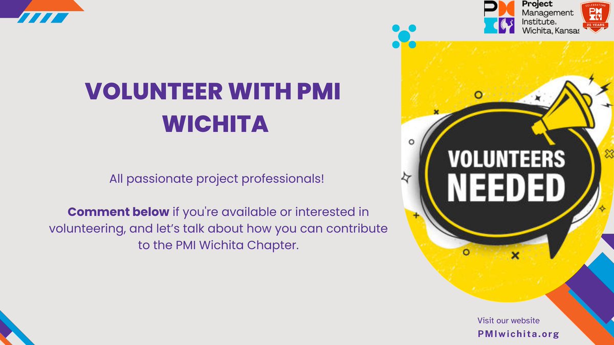 PMI_Wichita's tweet photo. PMI Wichita needs YOU!

Join us in making a difference while expanding your network.

Comment below to get started!

#PMIWichita #VolunteerOpportunity https://t.co/Y1pc0W9LWM