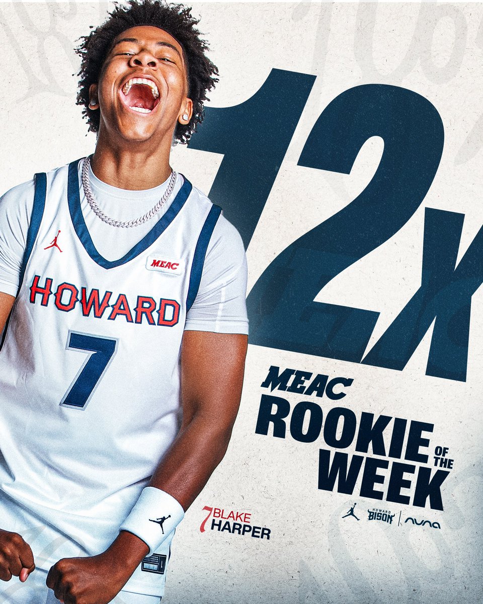 HUMensBB's tweet photo. Another week, another dominant performance by Blake Harper! 🏀 This marks his 12th consecutive MEAC Rookie of the Week award! 🏆
Blake’s consistency, energy, and talent are unmatched—his historic rookie campaign continues!
#Dreamfactory🦬🔵🔴 #MEAC #RookieOfTheWeek #MEACBasketball