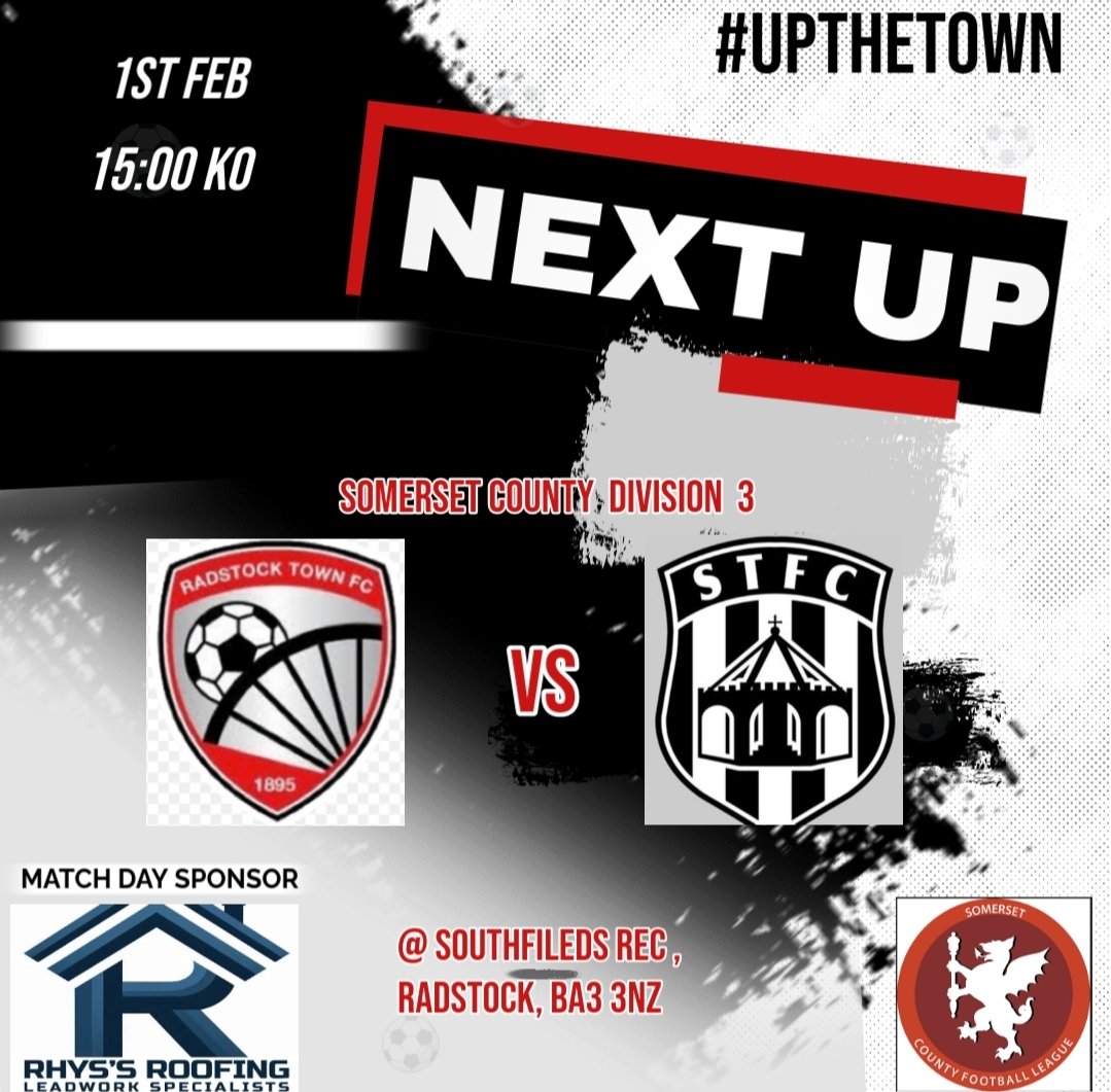 Somerton Town FC.⚫️⬜️⚫️ (@somertontownfc) on Twitter photo Our reserve's are back in action tomorrow as they travel to <a href="/Radstock_TownFC/">Radstock Town FC</a> Res with a 3pm KO.
Tomorrow's match is sponsored by Rhys's Roofing <a href="/RhysDyer10/">Rhysdyer</a>
<a href="/swsportsnews/">South West Sports News</a> <a href="/somersetcfl/">Somerset County FL</a> Our reserve's are back in action tomorrow as they travel to <a href="/Radstock_TownFC/">Radstock Town FC</a> Res with a 3pm KO.
Tomorrow's match is sponsored by Rhys's Roofing <a href="/RhysDyer10/">Rhysdyer</a>
<a href="/swsportsnews/">South West Sports News</a> <a href="/somersetcfl/">Somerset County FL</a>