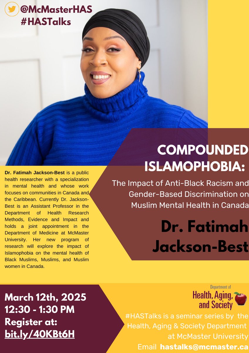 Time for the grand finale! Excited to share that our last (but certainly NOT least) #HASTalk of the academic year will be on March 12, with Dr. Jackson-Best (<a href="/HEI_mcmaster/">HEI</a> <a href="/MacDeptMed/">McMaster University Department of Medicine</a>) sharing her seminar on Compounded Islamophobia in Canada
Register NOW: bit.ly/40KBt6H