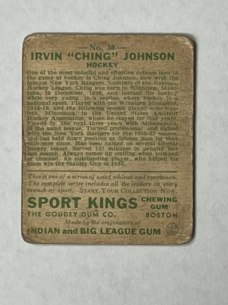 JasonsCardsIA's tweet photo. 🏒 For Sale: 1933 #Goudey #Hockey Irvin “Ching” Johnson #30 Rookie Card (#HOF) 🏒
✅ Price: $50 PPD
⚠️ Notice the creases in the card—DM for more pictures or details!
#HockeyCards #VintageHockey #ChingJohnson #Goudey #HockeyHOF #NYR #OldSchoolHockey #RC #SportsCards https://t.co/Nhp4We4wW9