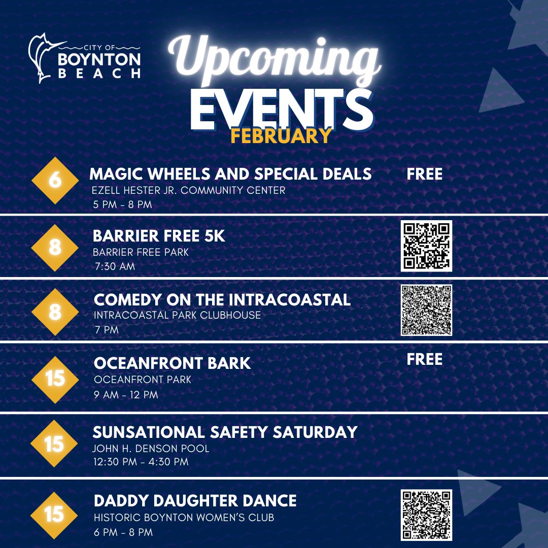Boynton Beach Rec (@boyntonbeachrec) on Twitter photo ๐ February is packed with fun events!
Including:
โจ Magic Wheels & Special Deals โฟ๐ก
๐โโ๏ธ Barrier Free 5K ๐
๐ Comedy on the Intracoastal (18+) ๐๐ญ
๐ถ Oceanfront Bark ๐พ๐๏ธ
๐ Sunsational Safety Saturday ๐๐ฆ
๐ Daddy Daughter Dance ๐
Info ๐ WeMakeLifeFun.com ๐ February is packed with fun events!
Including:
โจ Magic Wheels & Special Deals โฟ๐ก
๐โโ๏ธ Barrier Free 5K ๐
๐ Comedy on the Intracoastal (18+) ๐๐ญ
๐ถ Oceanfront Bark ๐พ๐๏ธ
๐ Sunsational Safety Saturday ๐๐ฆ
๐ Daddy Daughter Dance ๐
Info ๐ WeMakeLifeFun.com