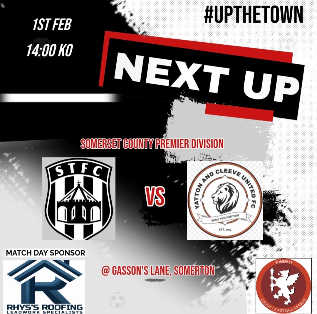 Somerton Town FC.⚫️⬜️⚫️ (@somertontownfc) on Twitter photo Tomorrow's match is another one at Gassons Lane for The Town. This week, <a href="/yacufc/">Yatton & Cleeve Utd Fc</a> are our opponents.
Tomorrow's match is sponsored by Rhys's Roofing <a href="/RhysDyer10/">Rhysdyer</a>
<a href="/swsportsnews/">South West Sports News</a> <a href="/somersetcfl/">Somerset County FL</a>
Clubhouse open from 1pm.🍺 Tomorrow's match is another one at Gassons Lane for The Town. This week, <a href="/yacufc/">Yatton & Cleeve Utd Fc</a> are our opponents.
Tomorrow's match is sponsored by Rhys's Roofing <a href="/RhysDyer10/">Rhysdyer</a>
<a href="/swsportsnews/">South West Sports News</a> <a href="/somersetcfl/">Somerset County FL</a>
Clubhouse open from 1pm.🍺