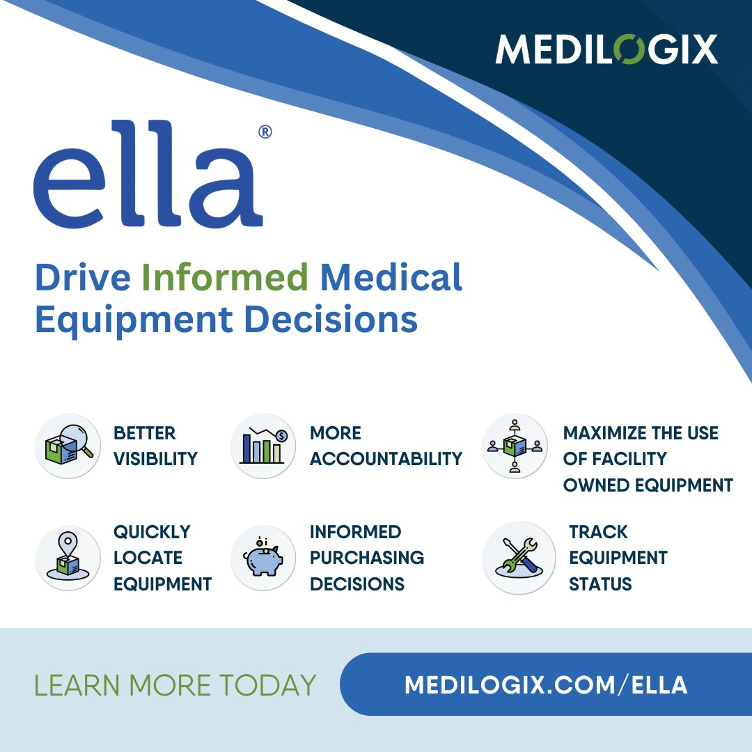 MediLogixLLC's tweet photo. Effortlessly manage your facility-owned medical equipment with #EllabyMEDILOGIX!

- Avoid unnecessary rentals
- Maximize asset utilization
- Make better purchasing decisions.

See how Ella® can transform your operations today. https://t.co/zCpilFtzmZ 
#MEDILOGIX #AssetManagement https://t.co/8zxuKTJG3v