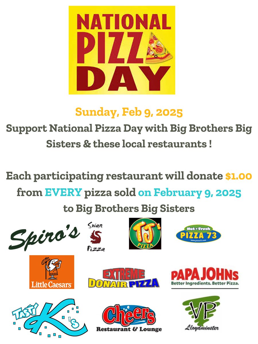 Stop by these amazing restaurants on Sunday, Feb 9, 2025 and they will donate $1 from every pizza sold to support our mentoring programs.  Any pizza, any size!!