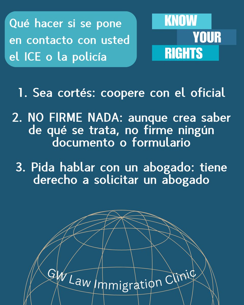 GWLaw_IC's tweet photo. Know Your Rights: What to do if you are approached by ICE or the Police. Slides are available in Spanish, French, Arabic, and Dari.

#immigration #knowyourrights #immigrantrights #gwlaw https://t.co/Pfvbp91KnD