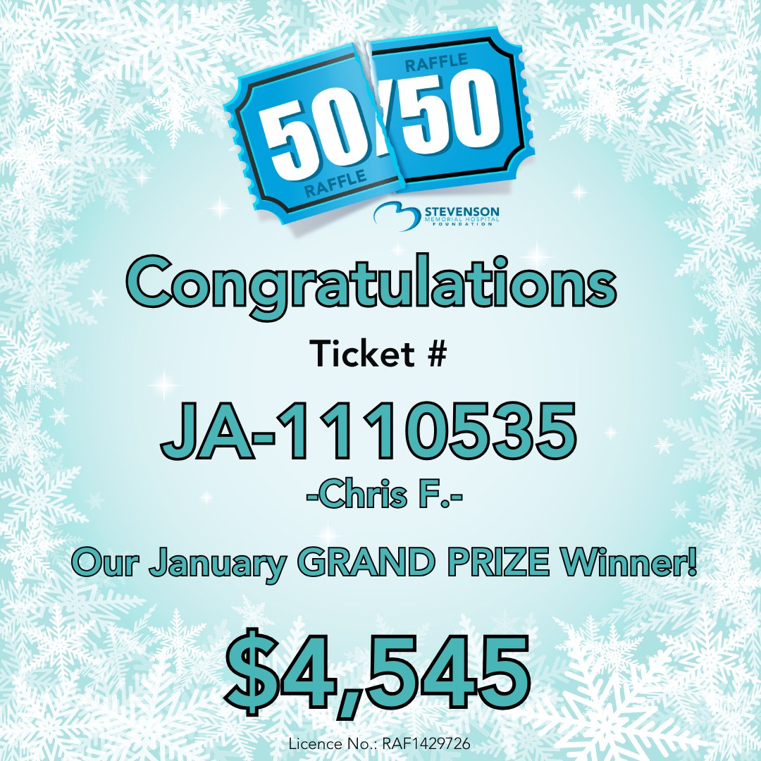 StevensonFdn's tweet image. 🎉 Our January GRAND PRIZE Winner is Chris F.! 🎊 Ticket #JA-1110535 won $4,545 in the 50/50 draw! 💰👏 Join us for the February raffle series starting Feb 3 at 10 PM! Buy tickets at stevenson5050.ca to win big! 💙 #Stevenson5050 #CommunityHelps