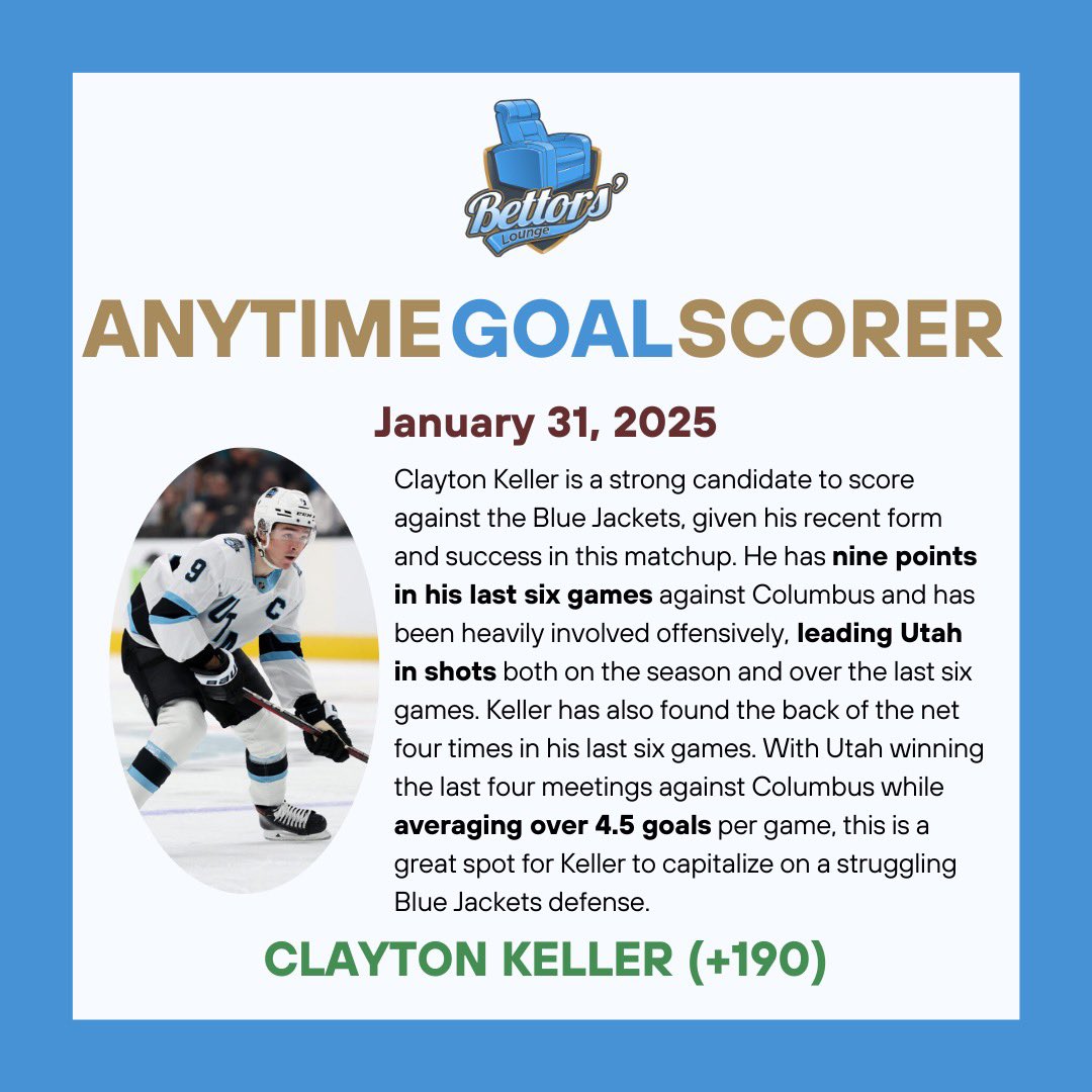 🏒 Anytime Goal Scorer for today: Clayton Keller (+190)

Can we make it 3 days in a row following Bennett (+260) and Hagel (+230)??

#UtahHC #ClaytonKeller #NHLBets #NHL