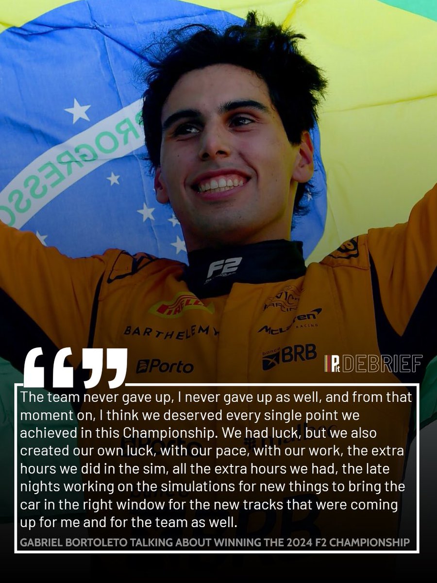 PitDebrief's tweet photo. Gabriel Bortoleto faced many challenges throughout the 2024 #FormulaTwo season, but he ultimately won, being crowned #F2 champion ๐
๐๏ธ Check out our story for more details
#Motorsport #Racing #FIA #Formula2 #InvictaRacing https://t.co/0jdFvKeKr6