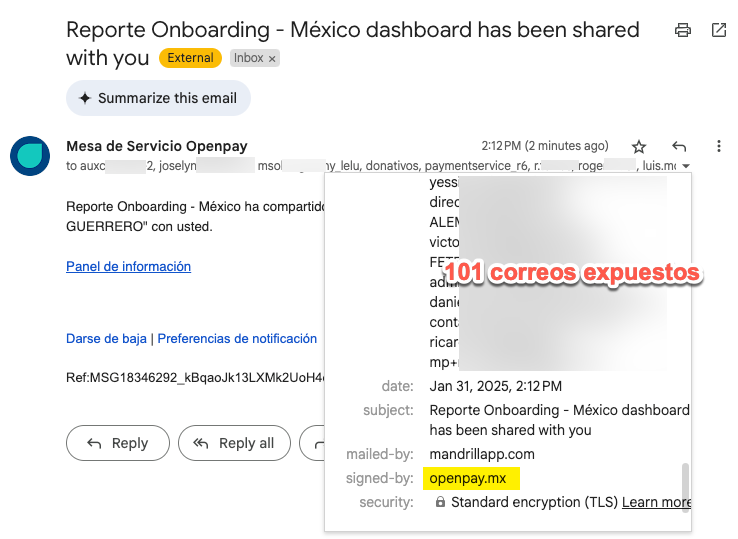 jenturrent's tweet photo. Sorprendente el nivel de protección de datos personales que tiene @OpenpayMx en sus emails ... exponiendo en este caso 101 correos de empresas. Ver imagen. CC @INAImexico https://t.co/xJf7AfJDn9