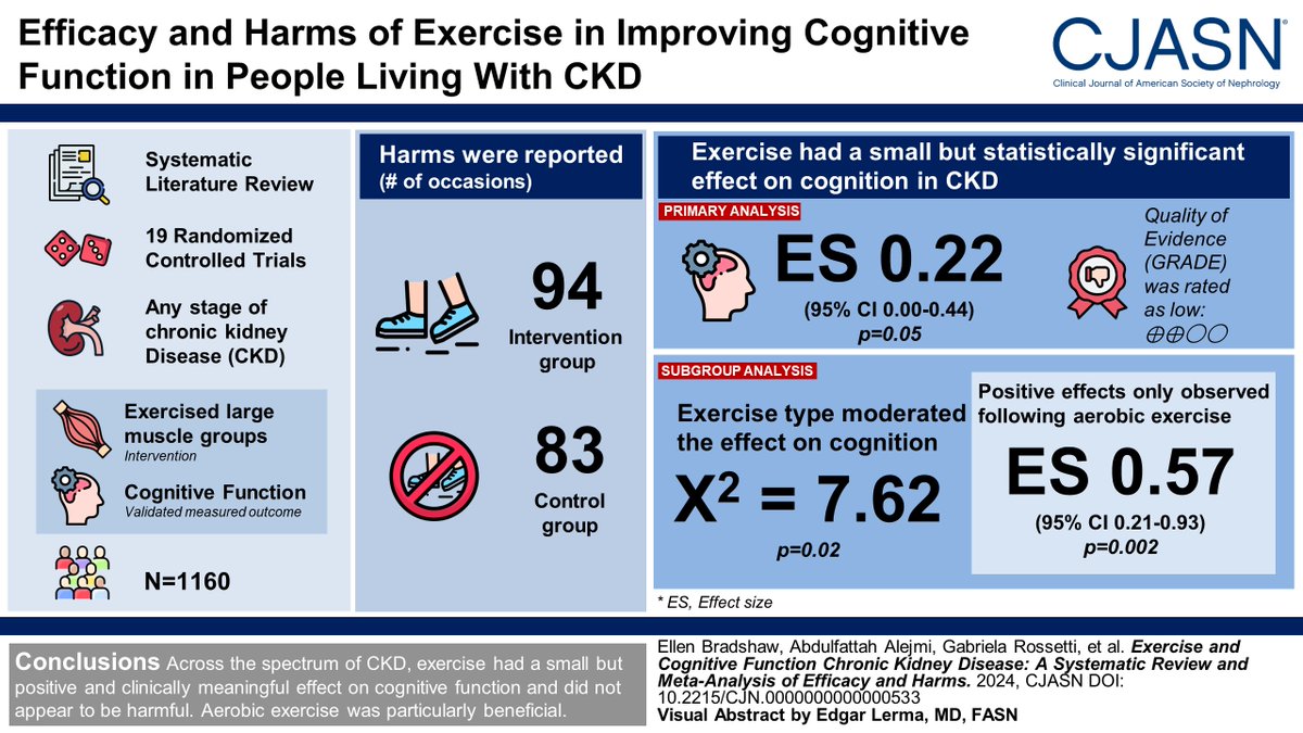 Editors’ Choice 2024: Exercise and Cognitive Function in Chronic Kidney Disease: A Systematic Review and Meta-Analysis of Efficacy and Harms

People living with CKD are at higher risk of cognitive impairment. This study found that across the spectrum of CKD, exercise had a small