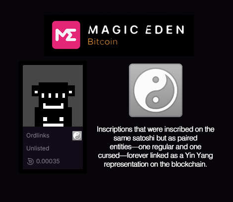 When <a href="/MagicEden/">Magic Eden 🪄</a> proudly presents Yin Yang Inscription Badges, everyone is going to want an Ordlink. 

Check out Ordlinks on <a href="/MEonBTC/">Magic Eden on Bitcoin 🟧</a> 👇

magiceden.io/ordinals/marke…

Fun fact: Ordlinks are 14% of all Yin Yang inscriptions in existence on the #Bitcoin Blockchain.