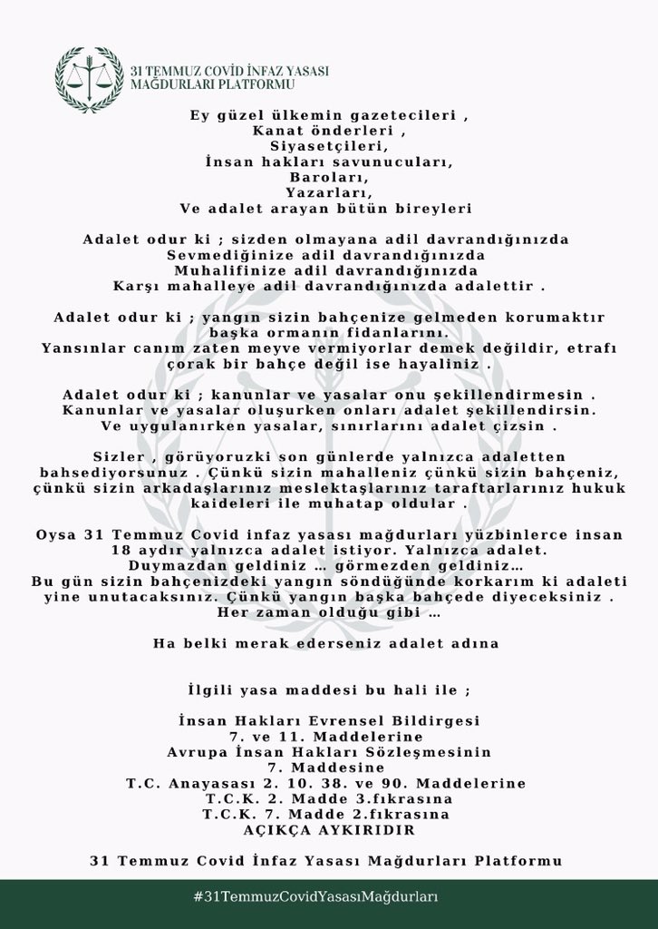 Sn. <a href="/avidrissahin/">Av. İdris Şahin</a> 

31 Temmuz yasası olarak isimlenmiş ,
5275 S. K. Geçici 10. Maddesinde tarih ibaresi sebebi ile hak mahrumiyeti yaşayan yüzbinlerce insan sizlerin bu mahrumiyeti gidermek adına bir girişimde bulunmanızı beklemekte. 

Sesimizi duyuyor musunuz?