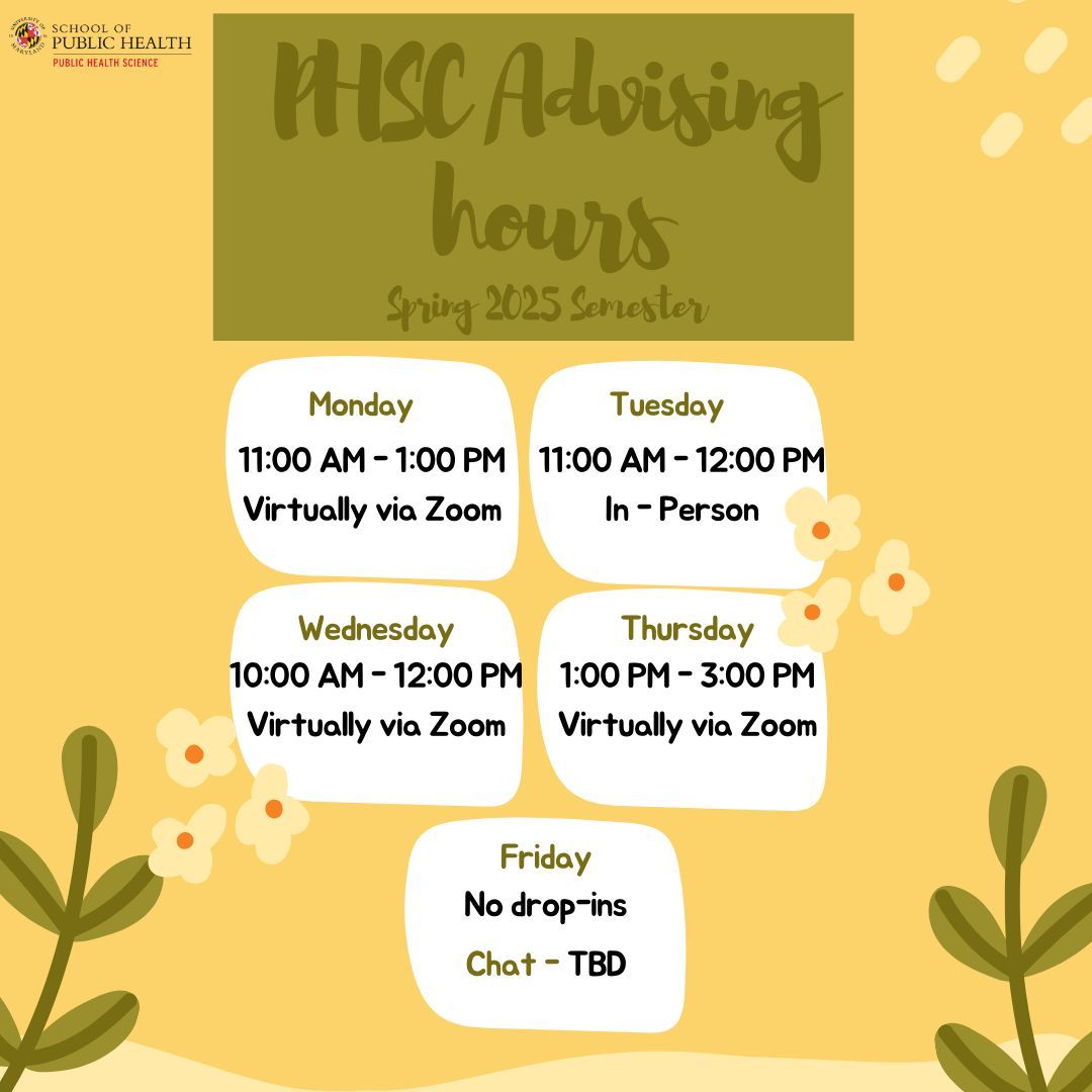 Have a quick question for the PHSC Advising team? 🤔💬 Stop by one of our drop-in hours this semester! 📅✨ Chat date and time TBD 

#PHSCAdvising #DropInHours #StudentSupport #UMD #PublicHealth #AskAnAdvisor 🐢