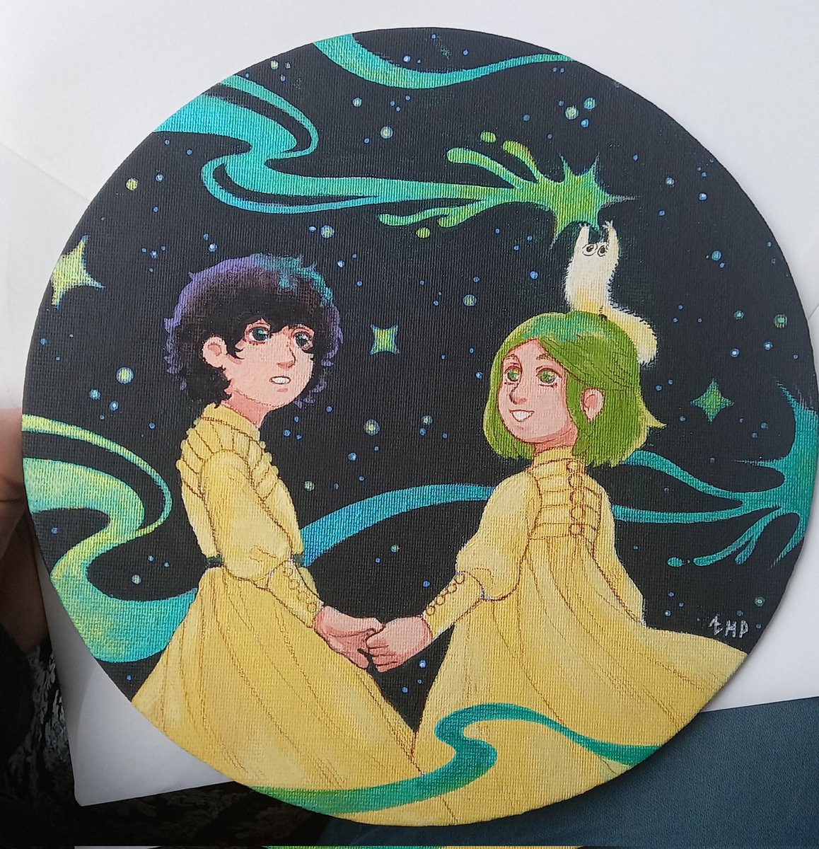 MarieZMP's tweet photo. Avec le stress etc j'ai pas pu à faire mieux qu'une peinture rapide pas terminée mais je suis quand-même contente d'avoir réussi à faire quelque chose pour offrir à kamome shirahama pendant le fibd (la peinture turquoise/verte elle brille un peu)
#Δ帽子 https://t.co/afGld4Z51f