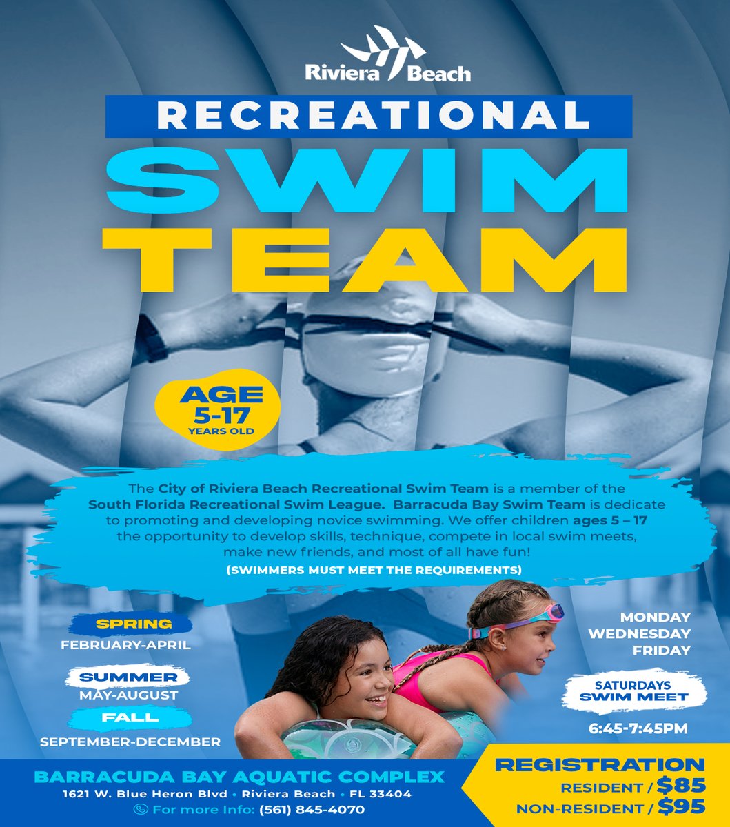 Rivierabch's tweet photo. π Ready to make a splash? Barracuda Bay Aquatic Complex in Riviera Beach offers lifeguard training, swim lessons, & a rec swim team for all ages! Dive into the funβcheck out our flyers for details! πββοΈπ¦ #BarracudaBay #SwimPrograms #RivieraBeachπββοΈ https://t.co/pCRyssWUCX