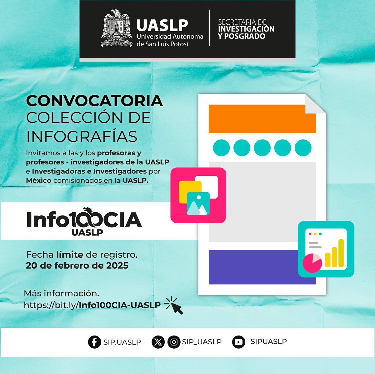 LaUASLP's tweet photo. 📣 @SIP_UASLP invita a las y los profesores - investigadores de la #UASLP así como a Investigadoras e Investigadores por México, a participar en la 𝐂𝐨𝐧𝐯𝐨𝐜𝐚𝐭𝐨𝐫𝐢𝐚 𝐈𝐧𝐟𝐨𝟏𝟎𝟎𝐂𝐈𝐀 𝐔𝐀𝐒𝐋𝐏

Mas información: https://t.co/dLyoXn1dsY https://t.co/xjETXBAFDT