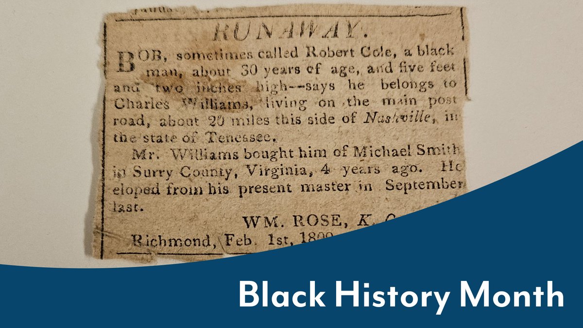 LibraryofVA's tweet photo. #OTD in 1809, Robert Cole sat in jail as the #RVA’s jailer posted an ad in a newspaper to claim him as property. Earlier, Cole had liberated himself from slavery in TN, fleeing toward Surry Co, VA, where his family remained
https://t.co/kQpZQNPYaA
#BlackHistoryMonth #VaUntold https://t.co/0ZC7Mf3IUn