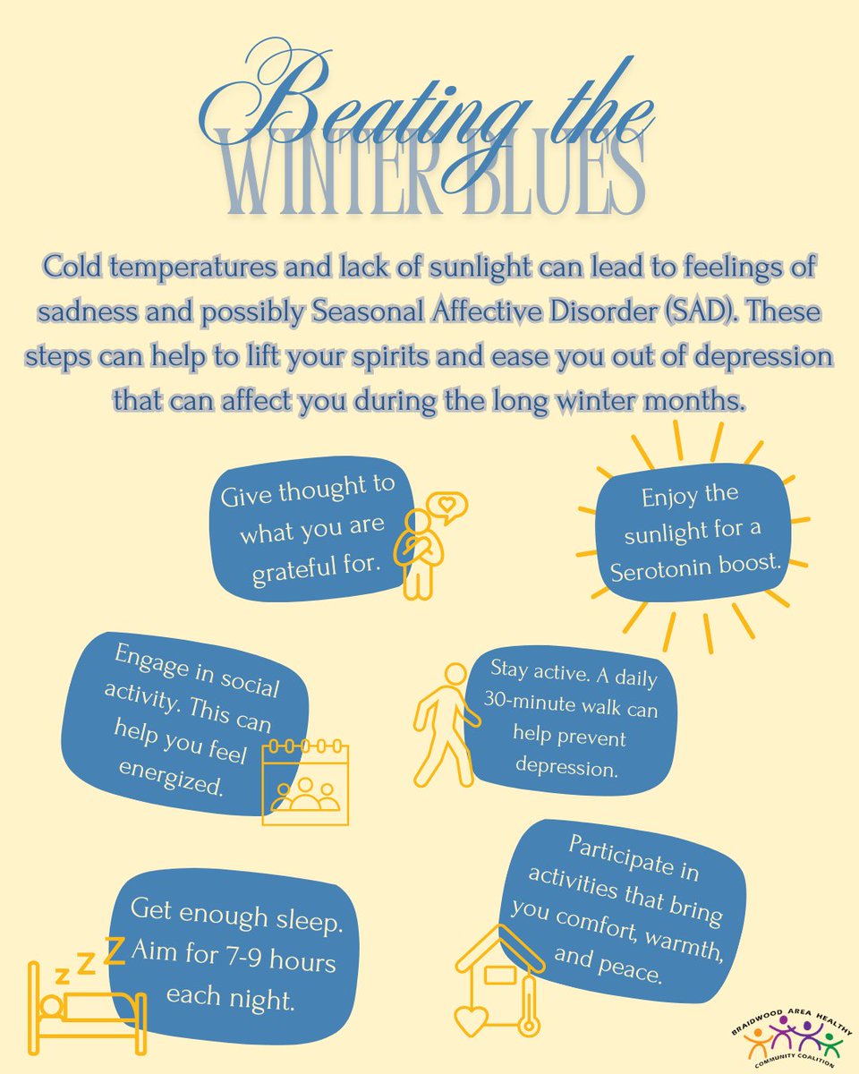 BAHCCILLINOIS's tweet photo. Seasonal Affective Disorder is a type of depression that comes and goes with the seasons, typically starting in the late fall and early winter and going away during the spring and summer. If you or someone you know is struggling call or text 988 or chat https://t.co/o1vXRlJ289. https://t.co/HaleUwBnl7