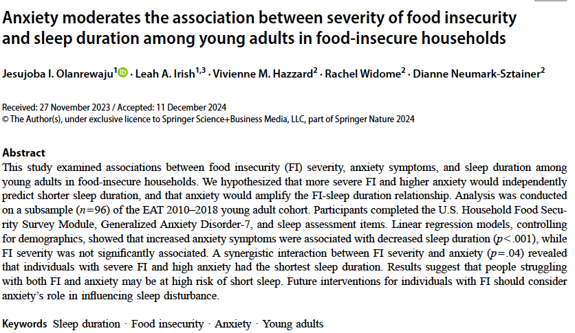 You know what makes it real hard to sleep? Anxiety about not having accessing to nutritious food.  pubmed.ncbi.nlm.nih.gov/39875787/
