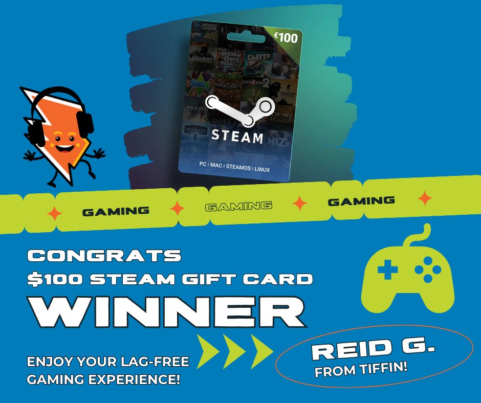 Congratulations to our $100 Steam gift card winner, Reid G. from Fairfax!🤗

A big thank you to the 50+ gamers who signed up for Fiber Gaming Network over the past two weeks. We hope you’re enjoying smooth, high-speed gaming with South Slope!

#SouthSlopeCares #SouthSlopeGaming