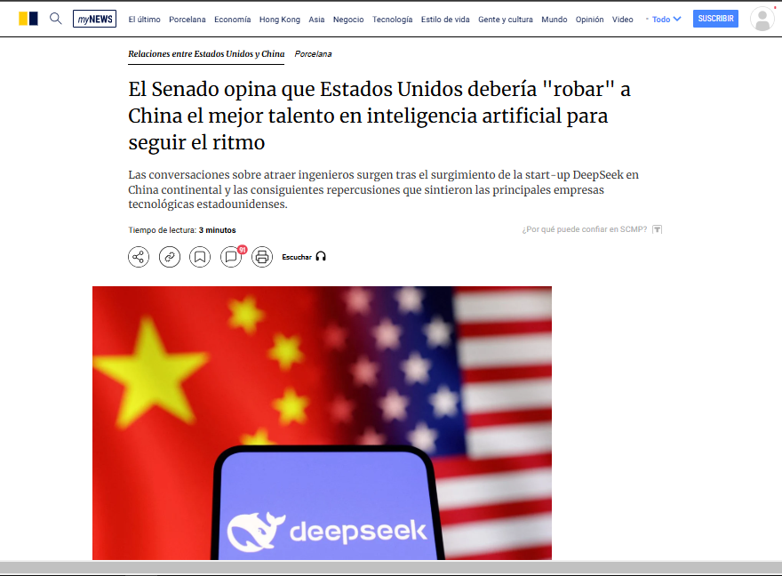 JMichaelV1's tweet image. 🇺🇸: El Senado opina que Estados Unidos debería "robar" a China el mejor talento en inteligencia artificial para seguir el ritmo.
#IA #TalentoIA #USA #DeepSeek 
🧵1