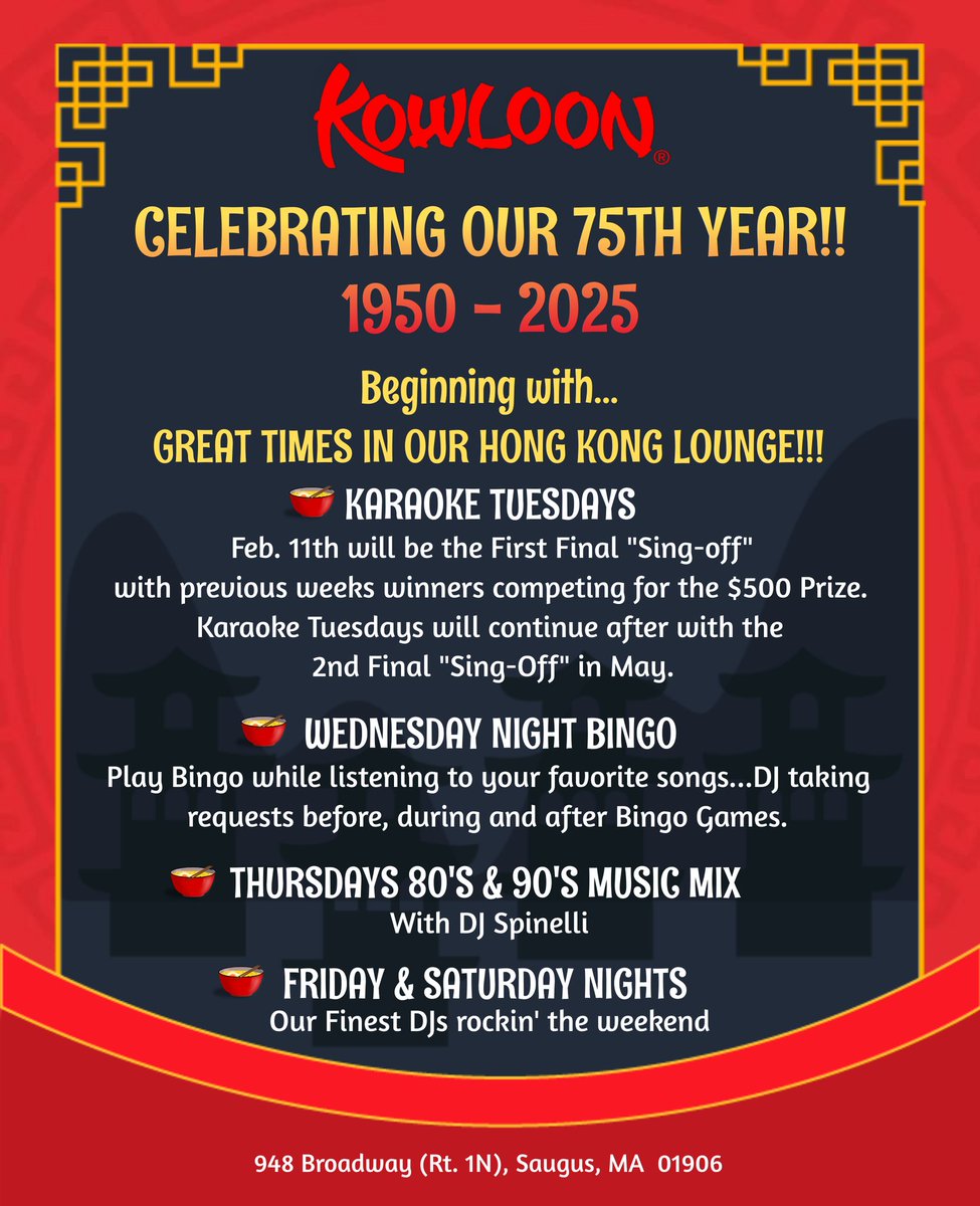 KowloonSaugus's tweet photo. Celebrating our 75th Year! 1950 - 2025! Beginning with...Great times in our Hong Kong Lounge!
#KowloonRestaurant
#75thYear https://t.co/zvlxzXX6GY