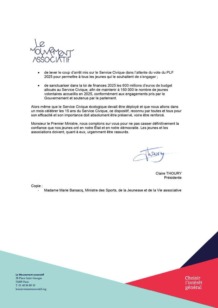 📢 M. le Premier ministre <a href="/bayrou/">François Bayrou</a>, quel message envoyez-vous à la jeunesse ?

Les jeunes sont inquiets. Les associations d'éducation populaire et toutes les structures qui accueillent des volontaires aussi. Le Mouvement Associatif vous a écrit : nous attendons votre réponse.

Le