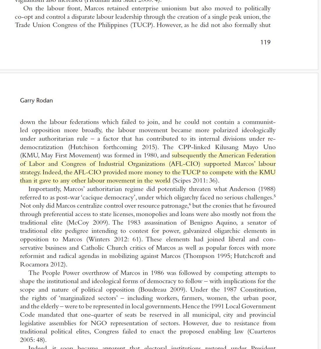 "Between 1983-89, the AFL-CIO provided more money to the Marcos-created Trade Union Congress of the Philippines (TUCP) to use against the progressive [ND-led] KMU, than it gave to any other labor movement in the world."  - Kim Scipes, 36

labor aristokkkracy at its finest.