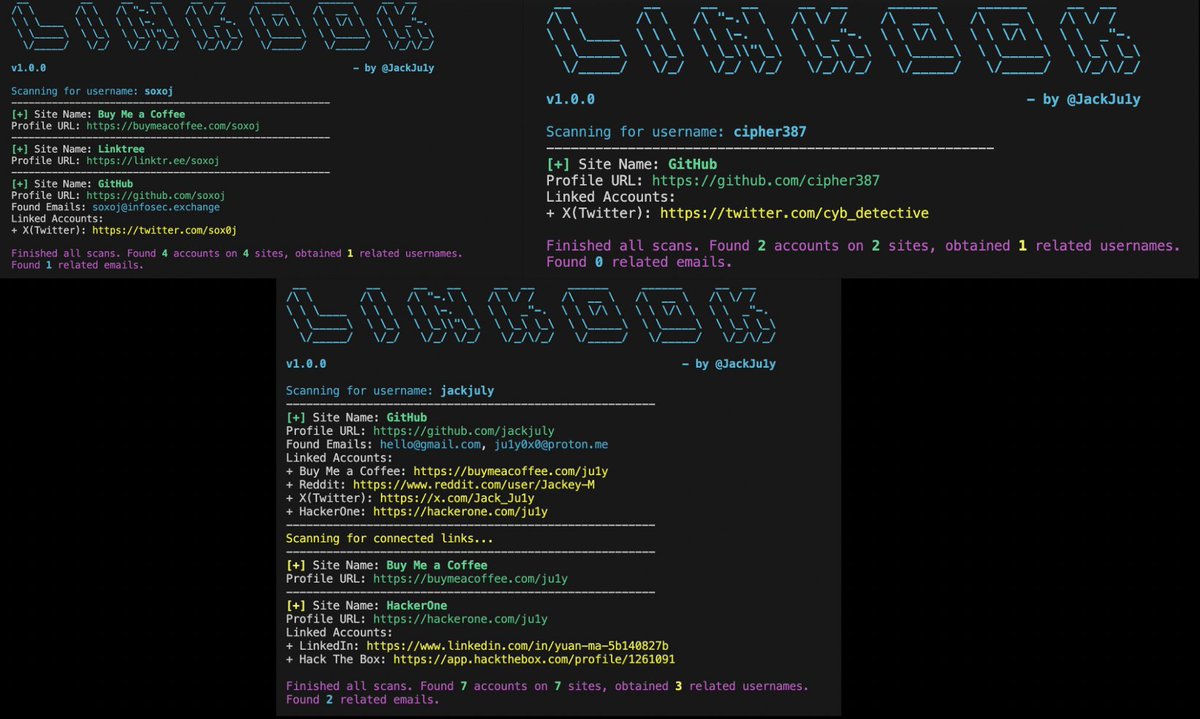 cyb_detective's tweet image. LINKOOK

#Python tool that search accounts by username in Github, LinkTree, BuyMeaCoffee, HackerOne and extract emails and other profiles links (Linkedin, Twitter etc) from them.

github.com/JackJuly/linko…

Creator @Jack_Ju1y 

#osint #socmint