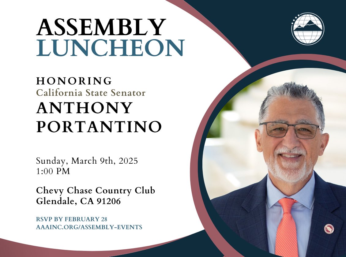 Armenian Assembly (@aramac_dc) on Twitter photo Join the Armenian Assembly of America and the Southern California Armenian Community on Sunday, March 9th at 1:00 pm for a special luncheon honoring California State Senator <a href="/Portantino/">Anthony Portantino</a>.
We are grateful for the opportunity to reschedule this important event following the LA Join the Armenian Assembly of America and the Southern California Armenian Community on Sunday, March 9th at 1:00 pm for a special luncheon honoring California State Senator <a href="/Portantino/">Anthony Portantino</a>.
We are grateful for the opportunity to reschedule this important event following the LA