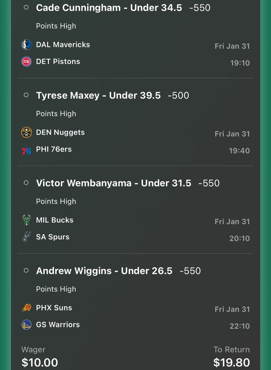 LadderMeUp's tweet image. 🪜Under the Ladder Challenge🪜

Turning $10 —&amp;gt; $1000 using ALL NBA unders! 

$25 to one lucky person who likes this post! (if the post gets 15 likes) ❤️

WELCOME TO DAY 1 🔮🚀

Today we are fading:

Cade Cunningham u34.5 pts
Tyrese Maxey u39.5 pts
Victor Wembanyama u31.5 pts…