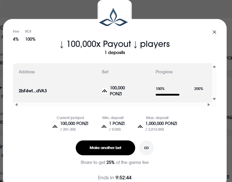 A 100,000x $PONZI game just launched.
10 Hour Timer.

How to play 👇
Lock in 1 $PONZI (Less than 1 Penny)
Win 100,000+ if you're the last 1 in the pool when the timer ends.
Everytime someone new joins, it restarts the timer for everyone &amp; makes the jackpot bigger.

If someone