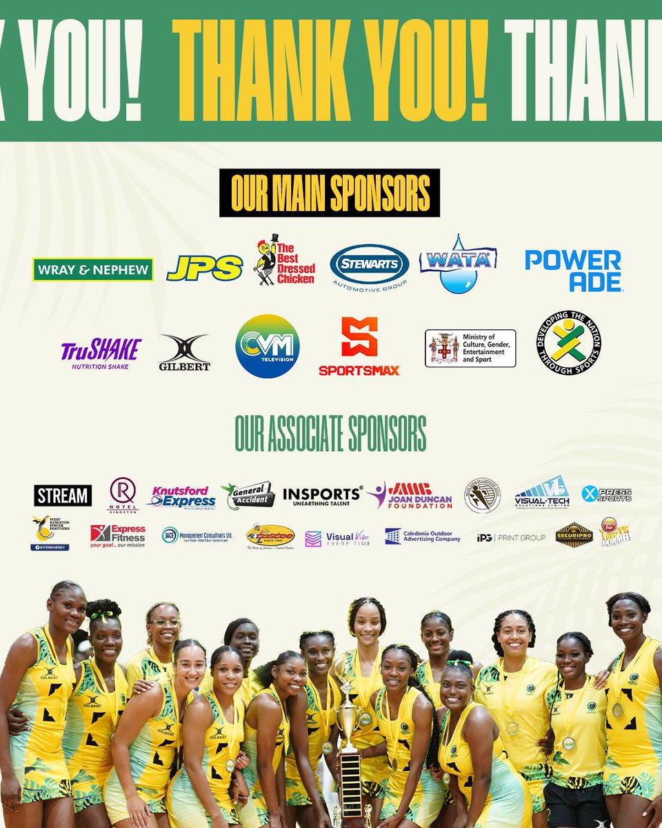 ✨ THANK YOU to our incredible sponsors of the Margaret Beckford Sunshine Series! ✨ Your unwavering support fuels the Sunshine Girls’ success and helps us shine brighter on the court. Together, we elevate the game! 💛💚🖤

#SunshineGirls #Gratitude #NetballJamaica
