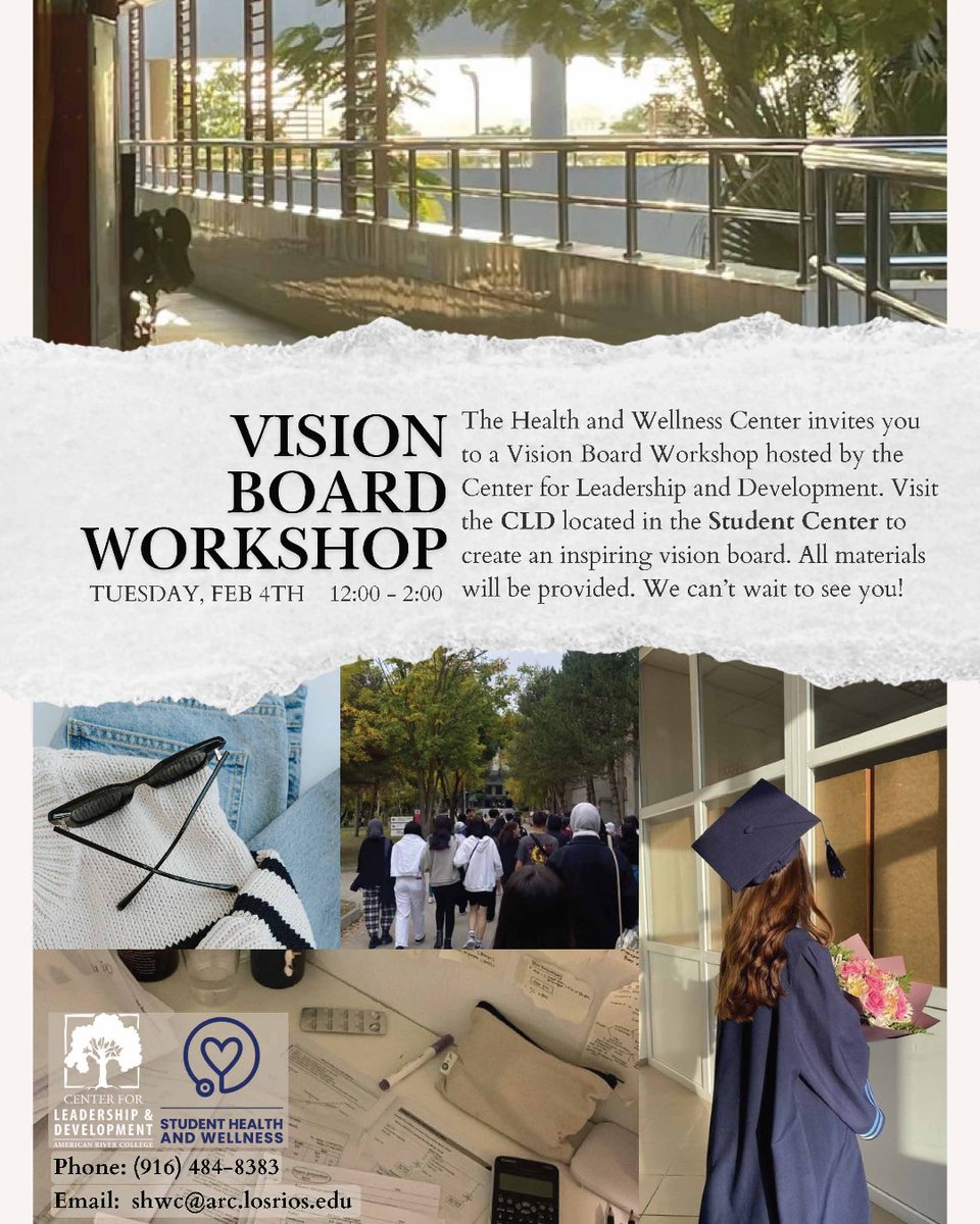 Come prepared to set your goals and intentions for an incredible year ahead at the Vision Board Workshop on Feb. 4 from 12 - 2 PM in the CLD (Student Center). Art materials will be provided; however, you are welcome to bring your own supplies as well!