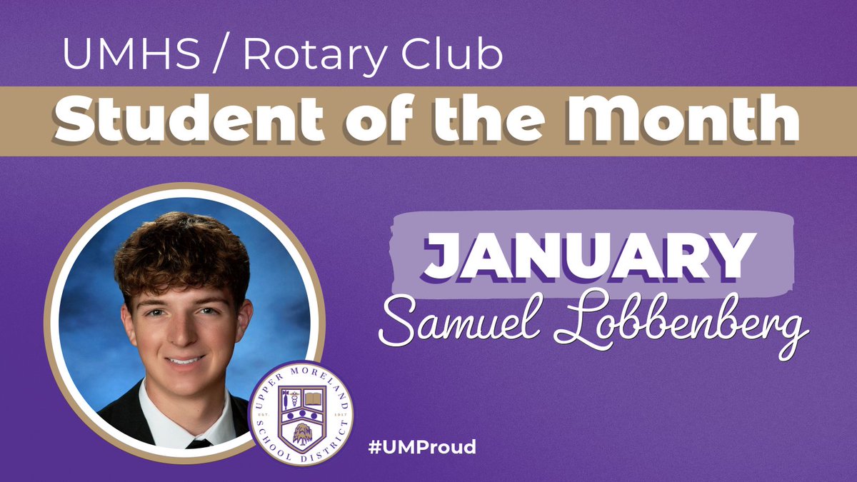 UpperMorelandSD's tweet photo. 🌟 Congrats to UMHS Rotary Student of the Month, Samuel Lobbenberg! Sam is a leader as PA Key Club Lt. Gov., an Eagle Scout, varsity swimmer, NHS member &amp; marching band trumpeter. He excels in AP &amp; dual enrollment courses &amp; volunteers with JRA, Freedom Steps &amp; more. #UMProud https://t.co/1dqVcvajj4