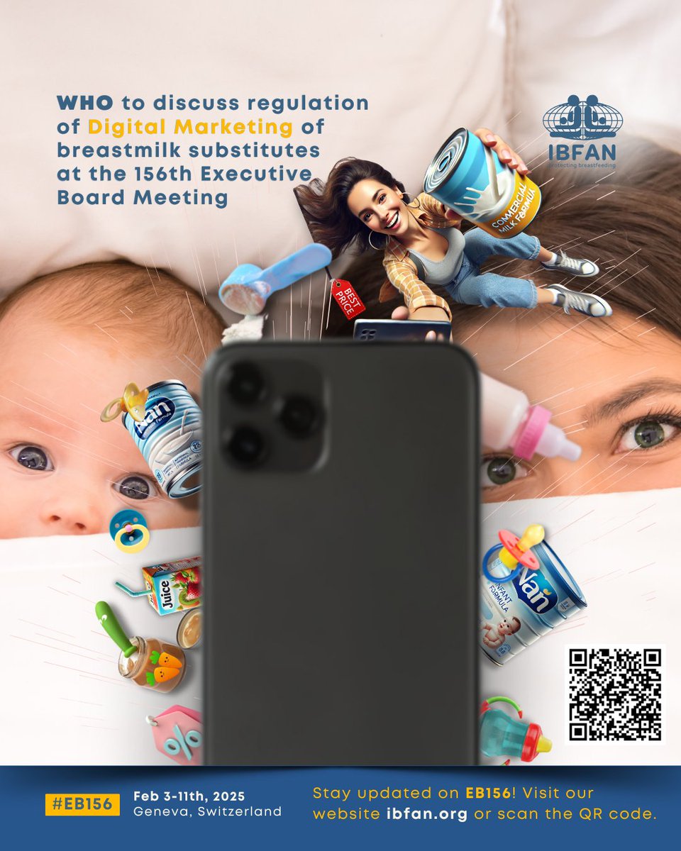 #WHO to discuss regulation of Digital Marketing of breastmilk substitutes at the #EB156. Brazil is leading countries like Mexico, Norway, and Lesotho in an initiative to curb abusive digital marketing . 📢 Stay updated on EB156! ibfan.org🔍📲