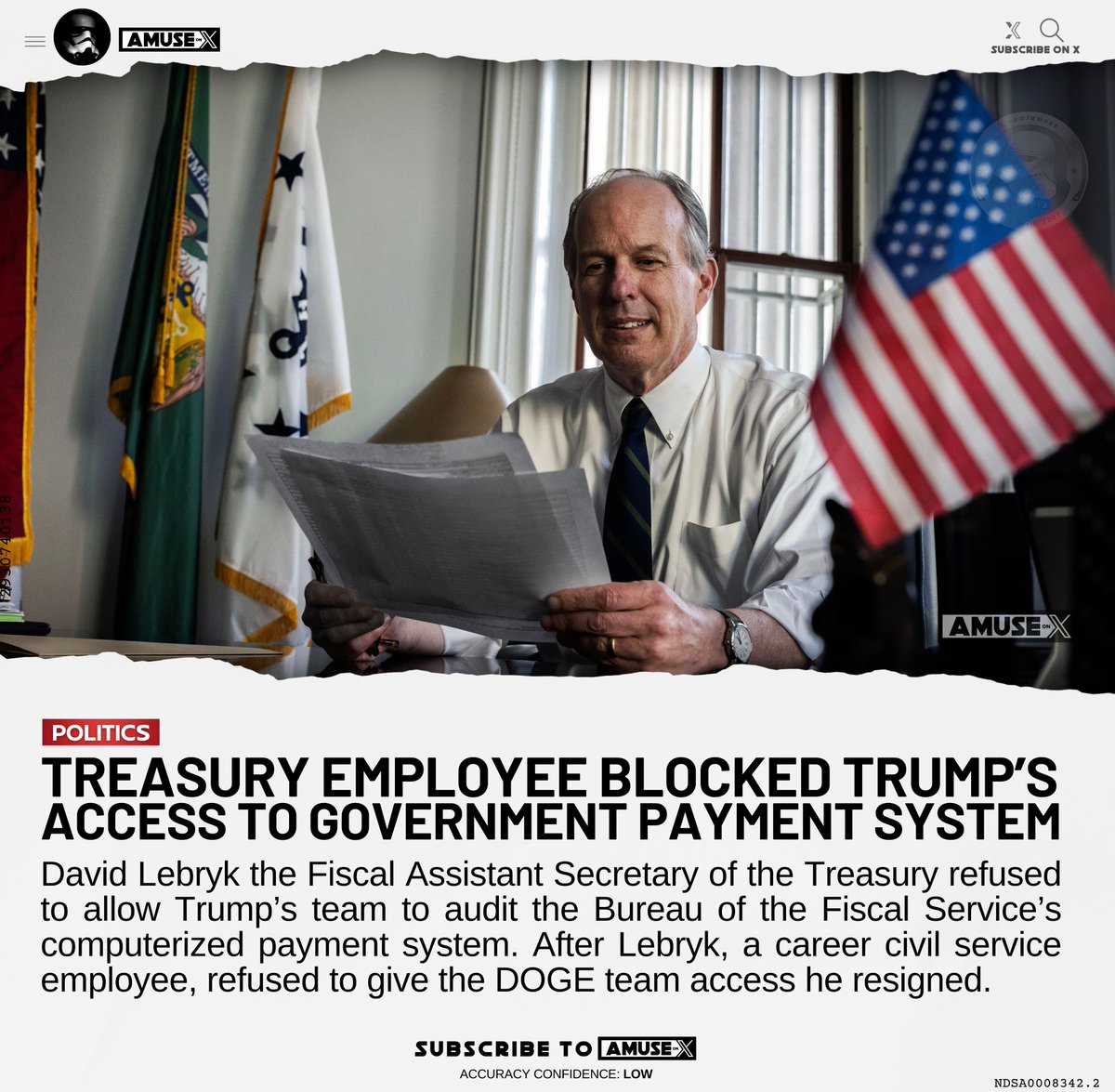 DOGE: David Lebryk, the former Fiscal Assistant Secretary of the Treasury controlled the computerized payment system the government using to pay out $6 trillion a year. He refused to give Trump's team access to the system to conduct an audit. He decided to retire instead of