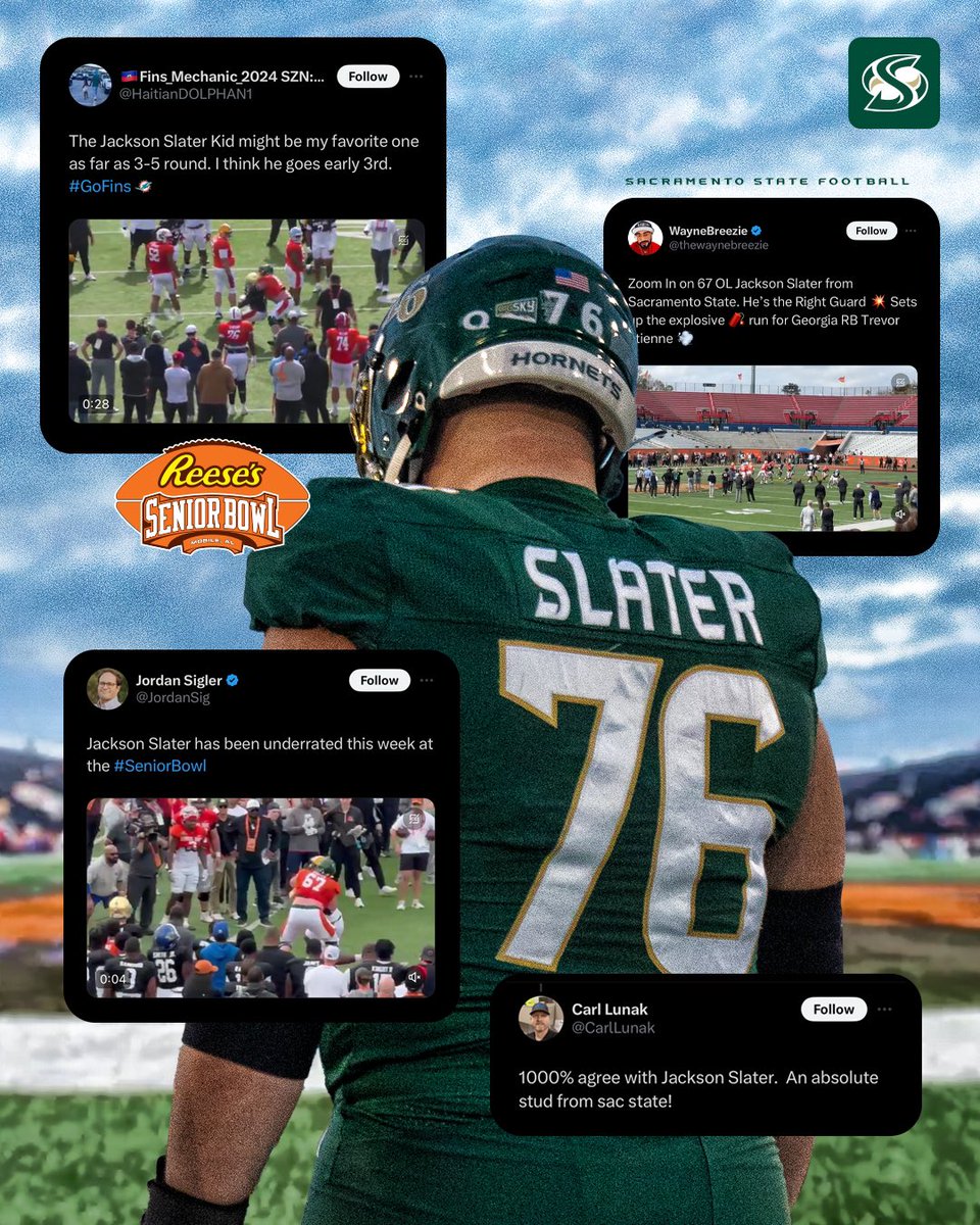 coachkmr's tweet photo. Incredible week for Jackson Slater at the Senior Bowl!!
3 Time All-American
3 Time 1st Team All-Big Sky
44 Consecutive starts
One of the Greatest Hornets of All-Time!!!!
#GoGoSacramento https://t.co/JXRHMpUx5c