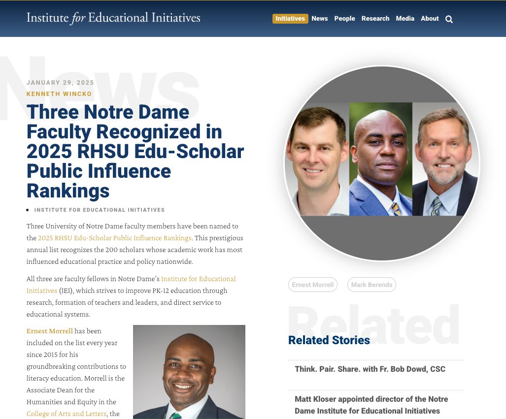 Hot off the press! Dr. Ernest Morrell and two ND colleagues are featured in today's news story: "Three Notre Dame Faculty Recognized in 2025 RHSU Edu-Scholar Public Influence Rankings" : iei.nd.edu/initiatives/in… 
<a href="/ieiatnd/">IEIatND</a> <a href="/ACEatND/">ACE at ND</a> <a href="/ernestmorrell/">Ernest Morrell</a>