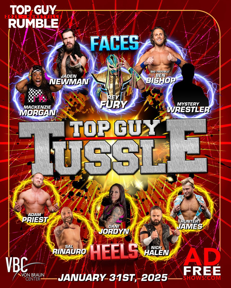🚨TONIGHT #TOPGUYTUSSLE 🚨

Private show for Conrad Thompsons Top Guy members will help BOOK the card - and be PART of the matches ! 

Gonna be litt ! 

📍Next stop Huntsville, ALabama 🏎️💨

#AdFreeShows