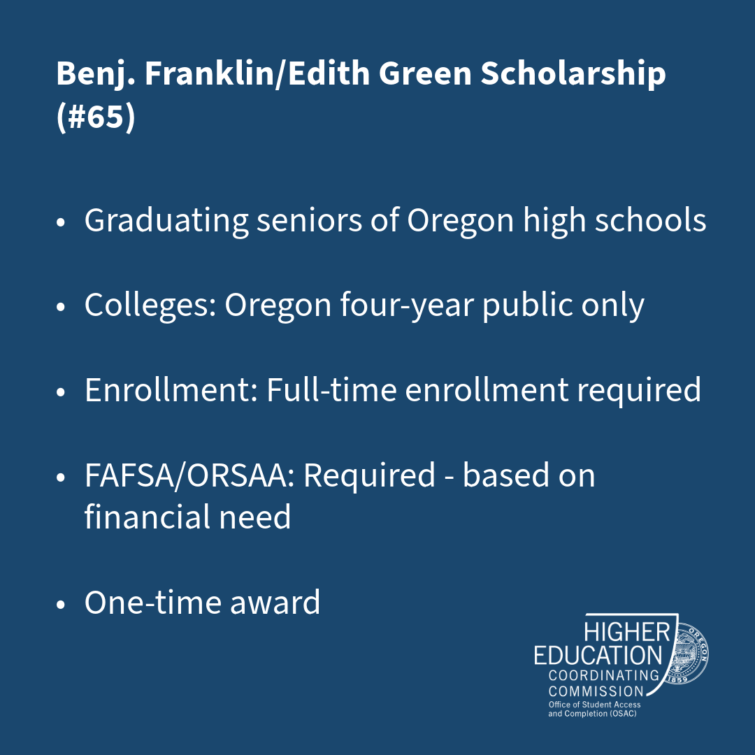 OSAC's tweet image. Welcome to scholarships week- featuring scholarship #65

Explore the 600+ scholarships available in the OSAC Scholarship Catalog. Students can save this scholarship in Section 2 of their application.
 
Learn more at: osacapps.hecc.oregon.gov/Catalog/Defaul…