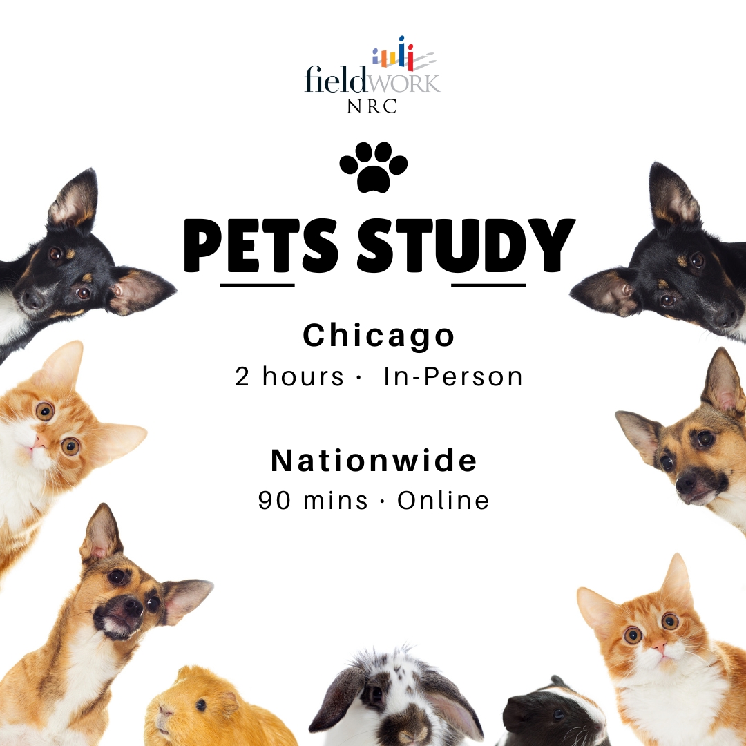 FieldworkNRC's tweet image. We&apos;re looking for adults to participate in a focus group regarding Pets.

🔗: participate.fieldwork.com/Account/Redire…

Location: Chicago, IL (In-person) + Nationwide (Online)
Incentive: $200 (In-person) + $150 (Online)
Duration: 2 hrs. (In-person) - 90 mins (Online) 
Date(s): 2/13 + 2/24 - 2/25