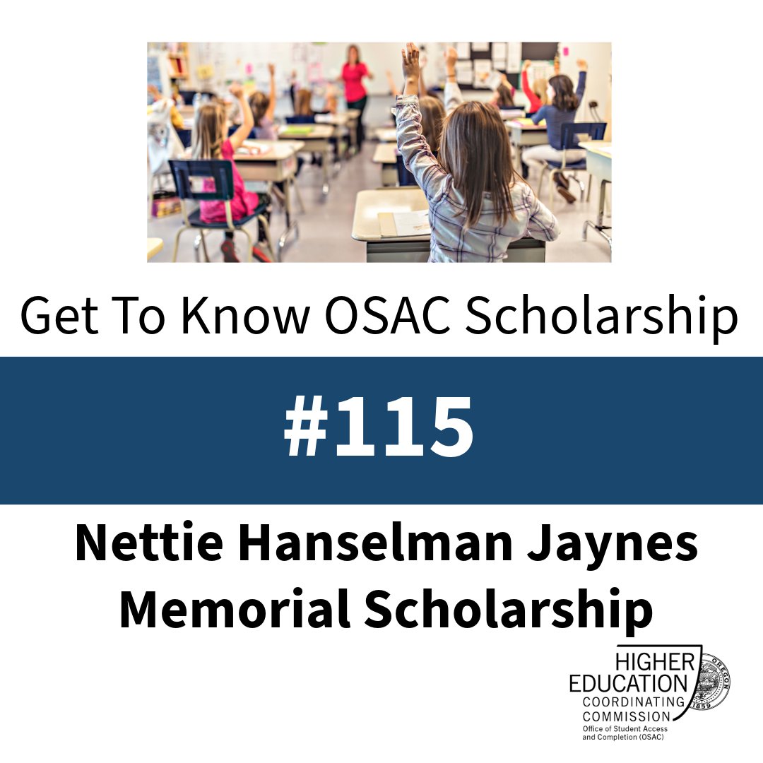 OSAC's tweet image. Welcome to scholarships week- featuring scholarship #115

Explore the 600+ scholarships available in the OSAC Scholarship Catalog. Students can save this scholarship in Section 2 of their application.
 
Learn more at: osacapps.hecc.oregon.gov/Catalog/Defaul…