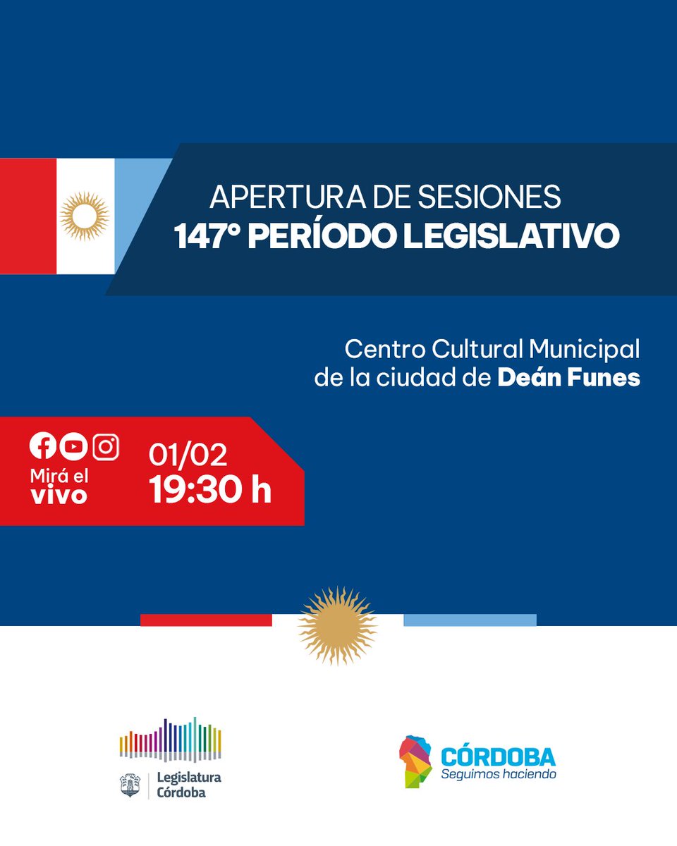 Este sábado 1° de febrero, en la localidad de #DeánFunes, en el norte cordobés, la vicegobernadora <a href="/myriprunotto/">Myrian Prunotto</a> presidirá el acto de Apertura de Sesiones en las que el gobernador <a href="/MartinLlaryora/">Martín Llaryora</a> pronunciará su discurso anual ante legisladores provinciales, autoridades del