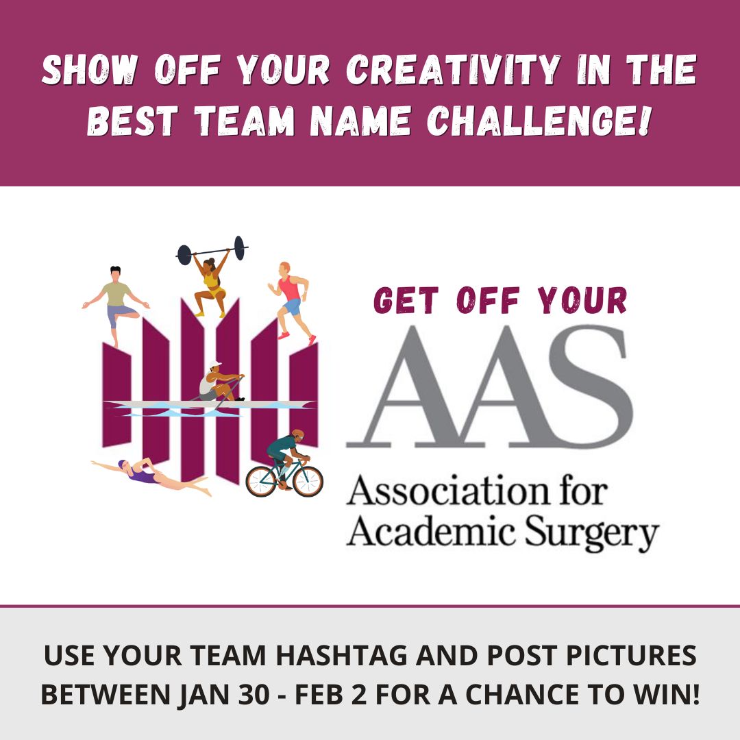 AcademicSurgery's tweet photo. 🏆 Calling all #GetOffYourAAS teams! 🏆
The #BestTeamName social media challenge is ON! 🔥
Show us your creativity and team spirit!
Here's how to participate:
1. Post a photo or video of your team getting active or enjoying wellness activities.
2. Use your team hashtag AND #GetOffYourAAS.
3. Show off your team name and why it's the best!
The most creative team wins bragging rights and awesome swag! 🏅