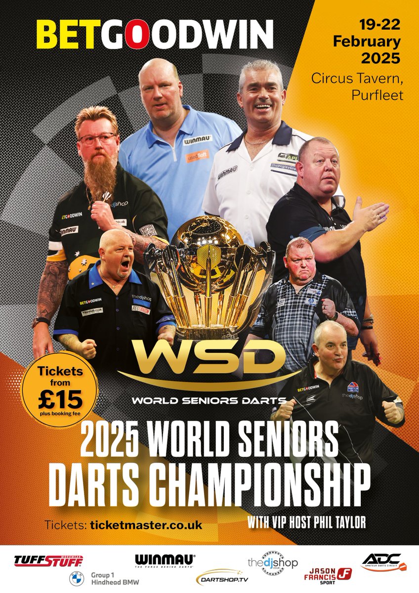🏆We are just weeks away from the 2025 BetGoodwin WSD Seniors World Championship!

Join us at the iconic Circus Tavern, as we bring the nostalgia and the razzmatazz to Purfleet!

Make sure you book your tickets to see the finest over-45 darters in the world.

They are available